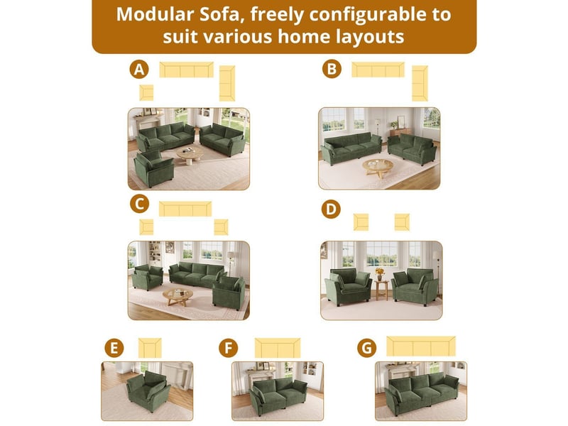  Sofa modulaire 3-1-1 en tissu chenille vert, canapé 3 places + 2 fauteuils avec coussins N653P402QQ-113 - Conforama E