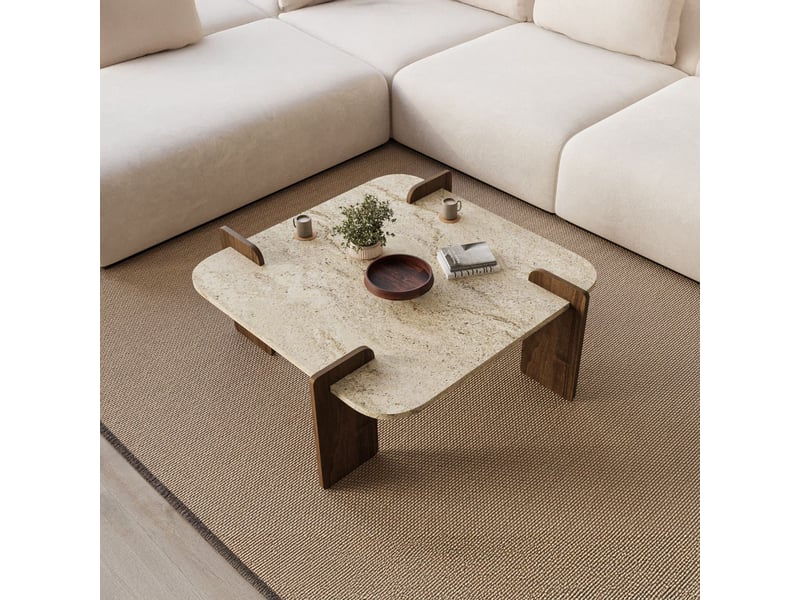  Table basse carrée beige piètement couleur bois foncé 90 cm  - Conforama E