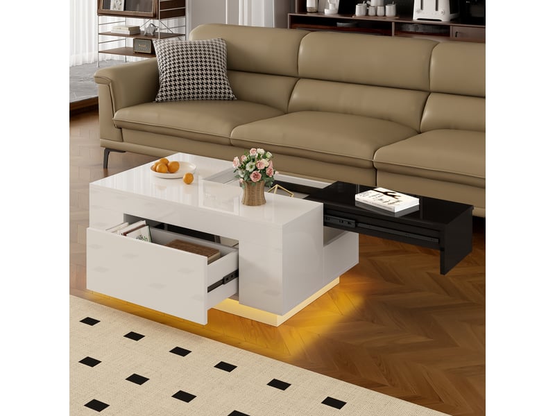  Table basse led moderne extensible, table basse noir et blanc avec tiroir de rangement, 80x50x35.5cm  - Conforama C