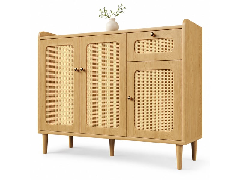  Buffet 3 portes et 1 tiroir 120 x 40 x 91 cm chêne clair avec façades en cannage  - Conforama A