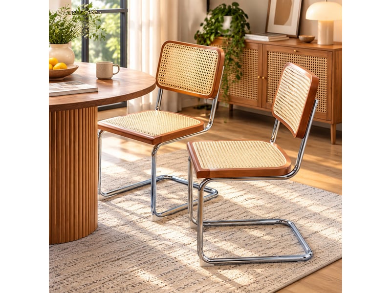  Lot de 2 chaises de salle à manger en similicuir, pieds chromés, style mid-century, assises rembourrées salon cuisine  - Conforama B