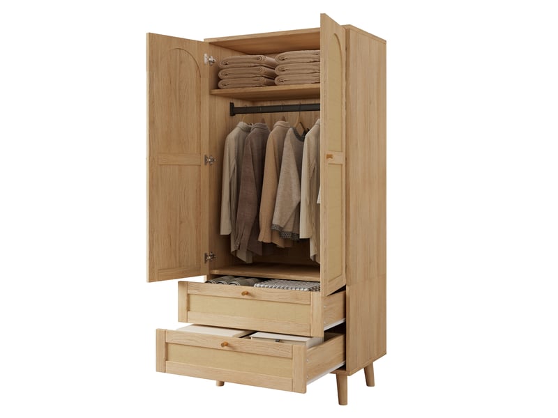  Armoire 80x50x180 cm avec 2 portes et 2 tiroirs, une penderie, design rotin en mdf couleur naturel  - Conforama A