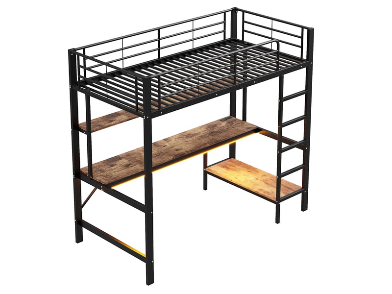  Lit mezzanine noir 90x200 cm avec bureau, led, usb, prise et étagères  - Conforama E