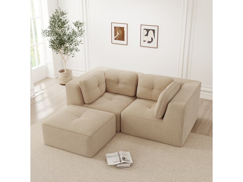 Canapé d'angle modulable 2 places en velours côtelé beige, sans montage, assise profonde, design sans cadre - Conforama B