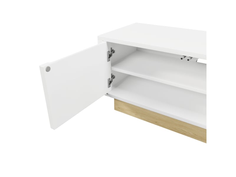  Meuble tv blanc moderne 175 cm – grain de bois, design curviligne, rangement et gestion des câbles  - Conforama E