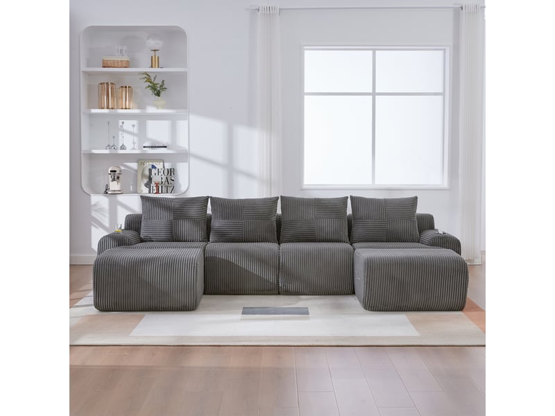  Canapé modulable 4 places en velours côtelé gris foncé, avec deux poufs, porte-gobelet et rangement, pour salon moderne  - Conforama R