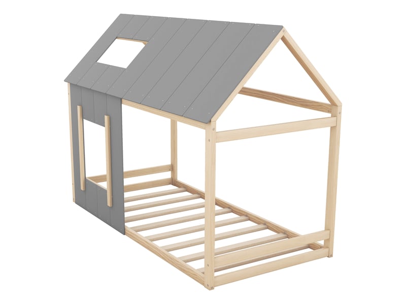  Lit cabane 90x200 cm forme maison avec espace personnel, pin, gris et bois, sans matelas  - Conforama D