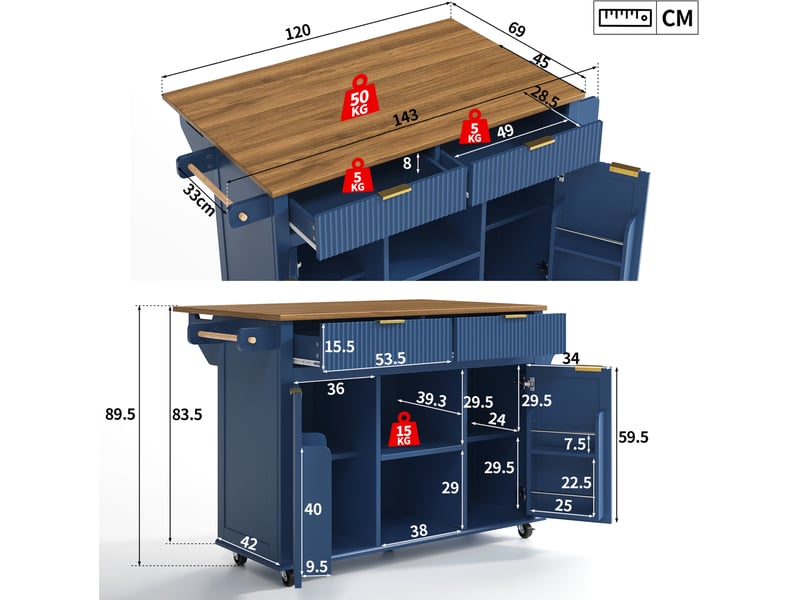  Desserte de cuisine 143x45x89,5 cm bleu et marron mdf, plan rabattable, rangements sur roulettes  - Conforama C