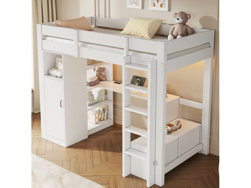  Lit mezzanine 90 × 200 cm avec armoire, étagères, bureau intégré, 2 tiroirs, led et port usb pour chambre  - Conforama B