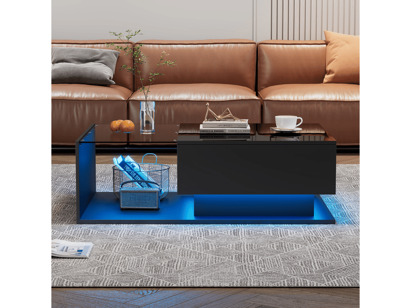  Table basse noire brillante 100x50x32 cm avec tiroir et plateau en verre, table de salon avec led bluetooth  - Conforama R