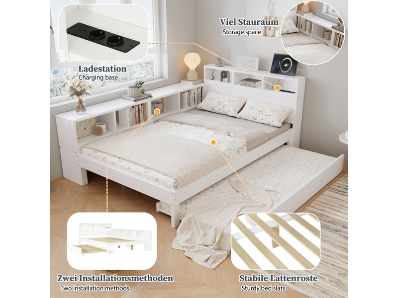  Lit gigogne 120x200 cm bois, lit 2 en 1 avec couchage 90x190 réversible, étagère latérale, tête avec rangement et chargeur  - Conforama D