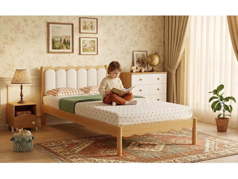 Lit enfant 90×200 cm, tête de lit rembourrée pu, cadre en bois massif, lit simple, sans matelas, naturelle et beige - Conforama B