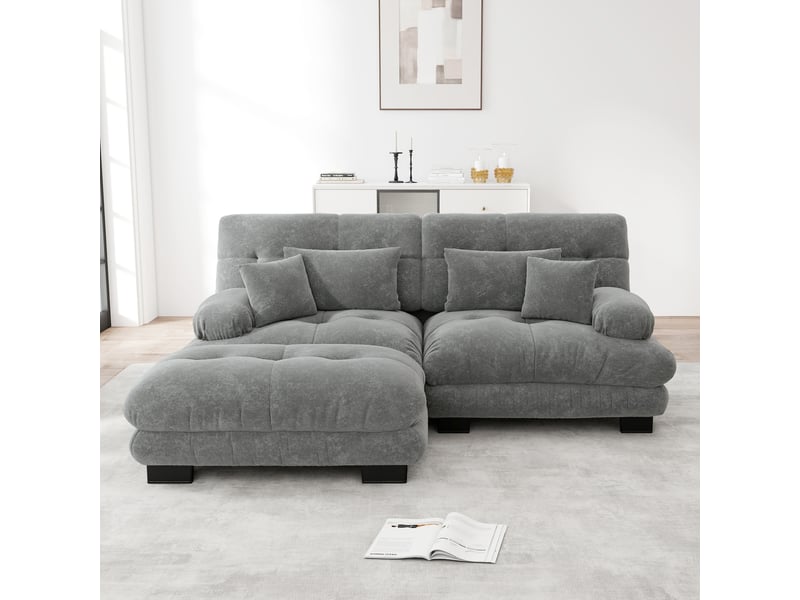  Canapé modulaire d'angle en chenille avec ottoman, coussins lombaires et dossier profond, gris  - Conforama C