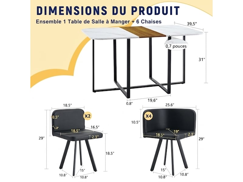  Ensemble table et 6 chaises de salle à manger, 7 pièces, bois mélaminé et métal noir  - Conforama C