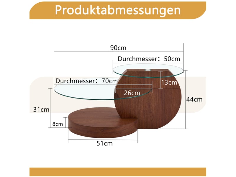  Table basse ronde 90x70x44 cm, meuble de salon, plateau en verre transparent, pour salon et séjour, mdf, couleur noyer  - Conforama C