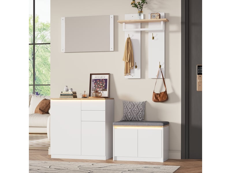  Portemanteau avec banc et rangement 130 cm blanc en panneau de particules  - Conforama W