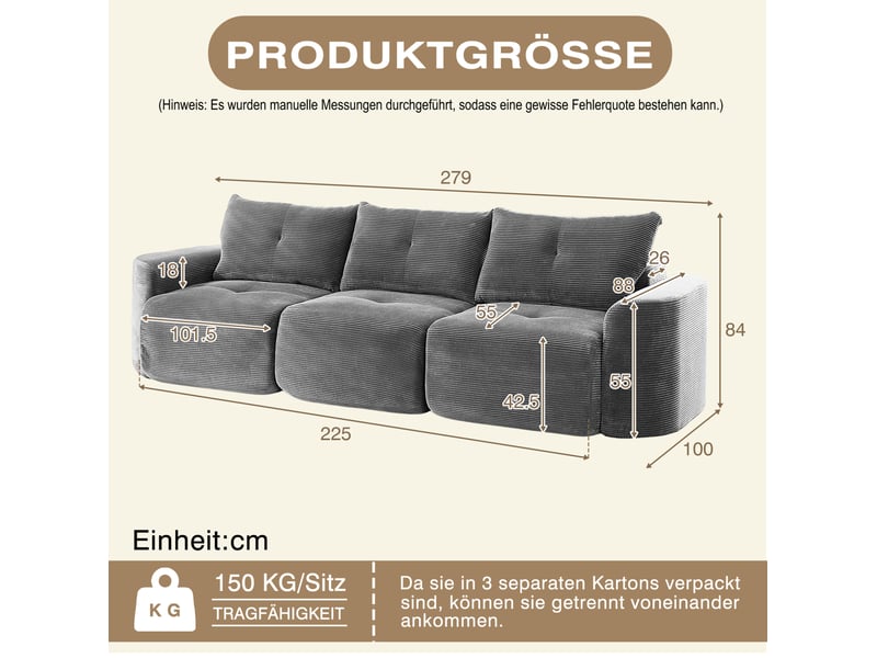  Canapé modulable 3 places 2+1 en velours côtelé gris anthracite homvra  - Conforama E