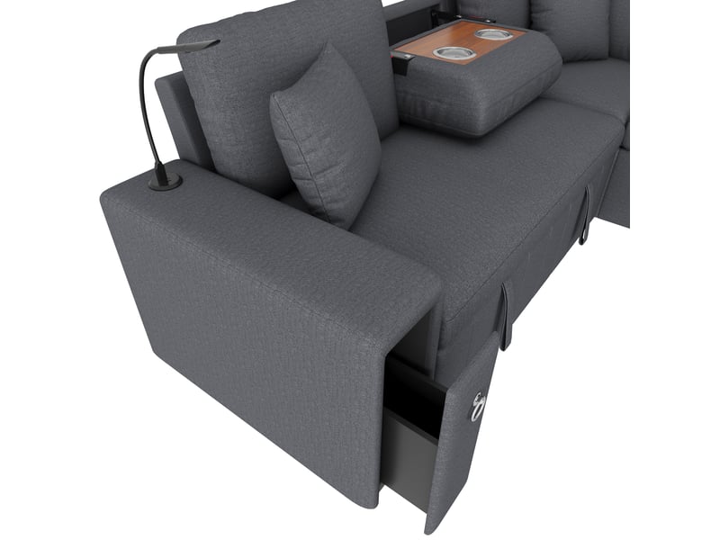  Canapé d'angle en l convertible 5 places gris avec pouf coffre, table rabattable, liseuse led et usbtype-c Fay Lum - Conforama E