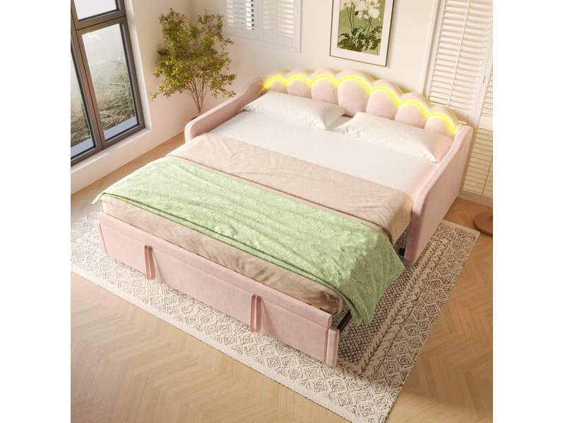  Modenvie lit banquette gigogne 90x200 cm - velours, led multicolore, sans matelas - rose  - Conforama E