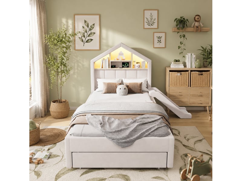  Lit enfant 90 × 200 cm 1 place avec toboggan, led, prise de charge, étagères et coffre, sans matelas, beige  - Conforama C