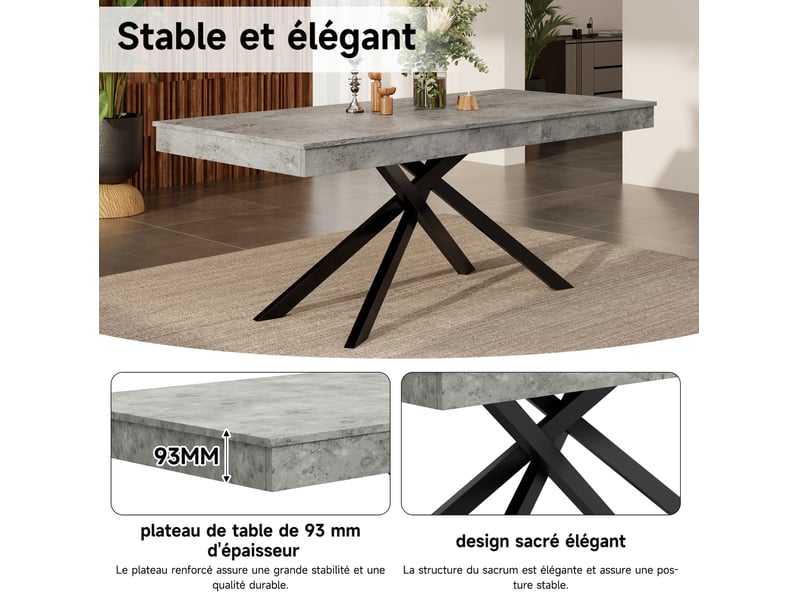 Table à manger extensible, 140-180x80x76 cm, salle à manger, design moderne, plateau mdf, piètement métal, coloris gris - Conforama E