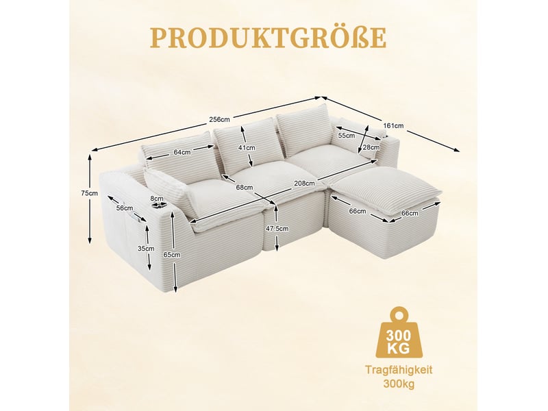 Canapé modulable 3 places avec repose-pieds, coussins, porte-boisson et 2 poches latérales en velours côtelé beige - Conforama E