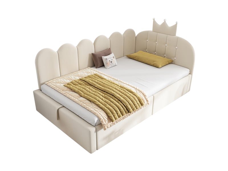 Canapé-lit rembourré 90 x 190 cm, avec espace de rangement, en l, orné d'un motif en treillis en forme de couronne, en velours, beige - Conforama A