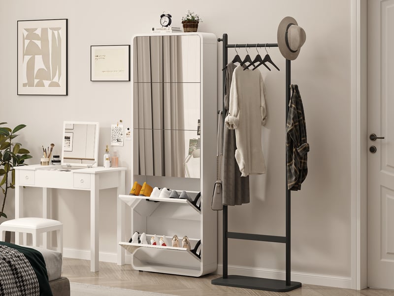  Meuble à chaussures 5 compartiments rangement 15 paires avec miroir pleine longueur - lpospi - design arqué mdf blanc  - Conforama C