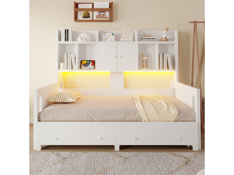  Lit combiné 90x190 cm convertible multifonction bois avec tiroirs etageres armoires compartiments prises led lit invite blanc  - Conforama D