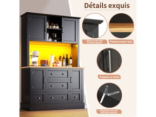 Buffet de cuisine noir,avec éclairage led,5 tiroirs,4 portes, rangement,confort,solide,robuste - mdf - 115x40x180cm
