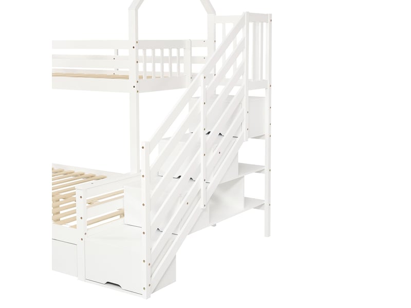  Lit superposé enfant 90x200+140x200 cm rangement, escalier et 2 tiroirs, structure de lit, bois, blanc, sans matelas  - Conforama E