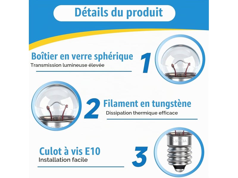  Lot de 10 mini ampoules e10 dc 3.8v 0.3a, blanc chaud 3000k, e10 petit culot à vis  - Conforama C