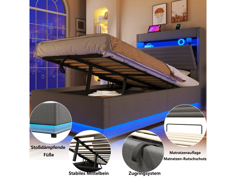 Lit rembourré, 90 × 200 cm, gris, lin, coffre hydraulique, rangements intégrés, éclairage led, usb + type-c, sans matelas - Conforama E