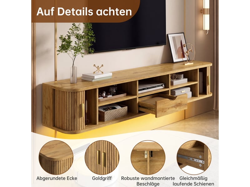 Meuble tv mural avec 2 portes coulissantes un tiroir et led réglable par mobile pour salon en mdf 175×30×30 cm naturel  - Conforama E