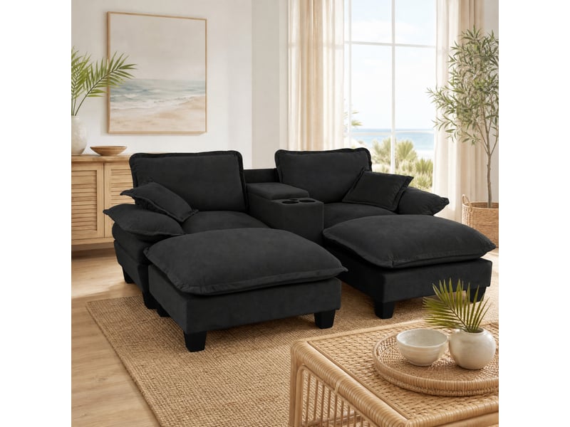  Canapé modulable modenvie 4 places avec rangements dissimulés, ports usb et porte-gobelets, 2 poufs, 2 coussins, tissu chenille noir, 224 x 155 x 90 cm  - Conforama B