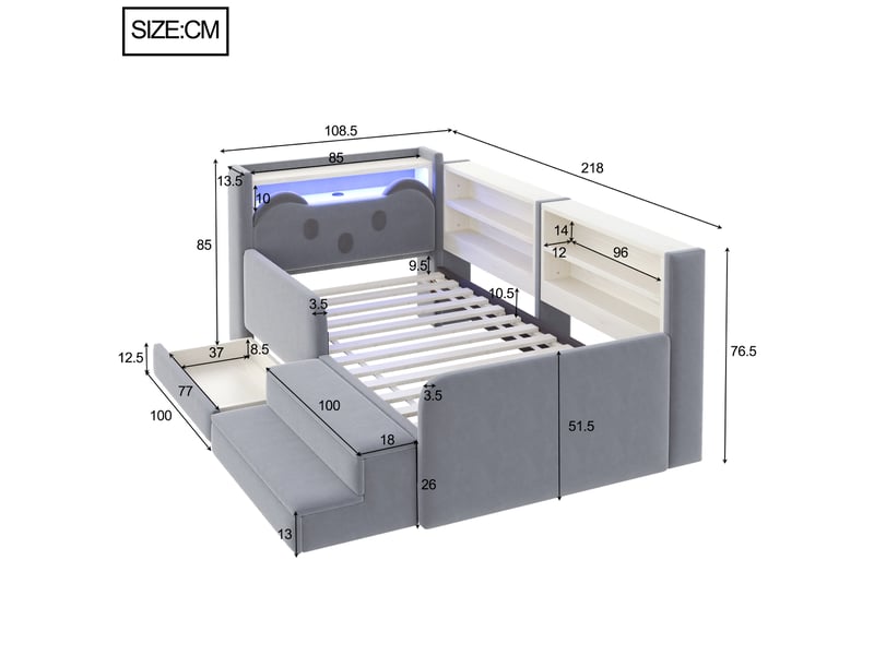  Lit enfant rembourré 90x200 cm, lit avec rangement, led et usb, tête de lit ours avec étagères, tiroir et repose-pieds amovible, velours gris clair  - Conforama D