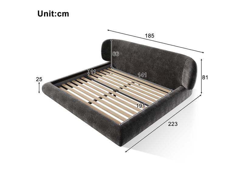 Lit 2 places 140x190 cm, tête de lit rembourrée, sommier à lattes, coins arrondis, cadre rembourré, chenille pour chambre - gris - Conforama C