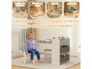 Ensemble table et 2 chaises enfant en bois avec rouleau de papier, étagères et tiroirs, gris, pour fille garçon 3-8 ans