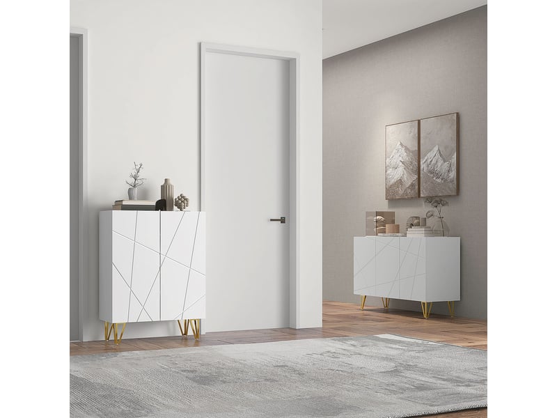  Buffet d'entrée à 3 portes et étagères réglables pour cuisine et salon, 120 x 40 x 75 cm, blanc brillant  - Conforama D