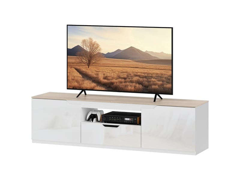  Meuble tv laqué brillant pour téléviseur jusqu’à 65 pouces, 3 compartiments, tiroir, 160 x 38 x 43 cm, bois naturel  - Conforama A