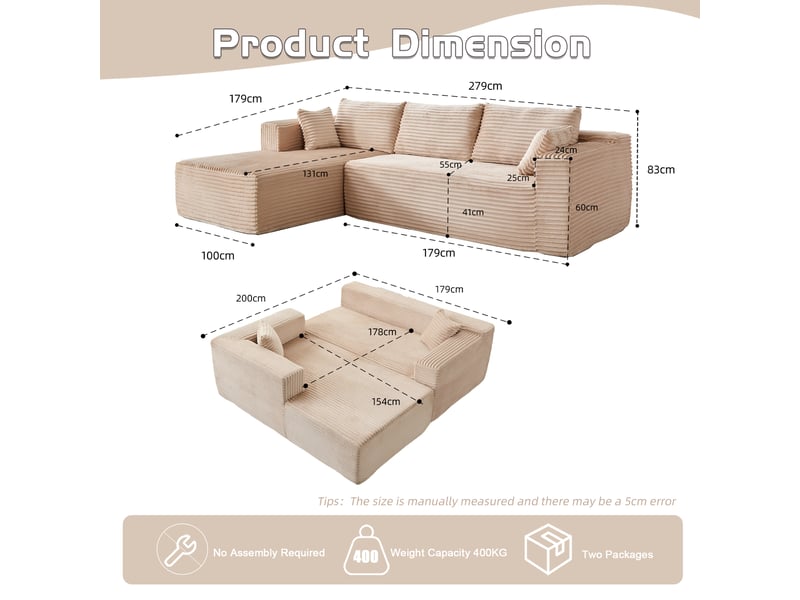  Canapé d’angle corda, beige, modulable, chaise longue, assise profonde, sans structure, velours côtelé  - Conforama C