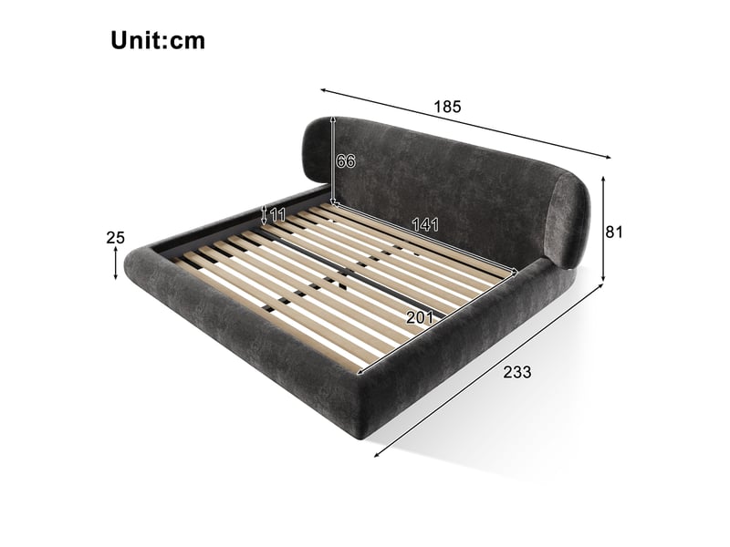  Lit rembourré 140 × 200 cm 2 places avec tête de lit arrondie, sans matelas, en chenille, gris  - Conforama D