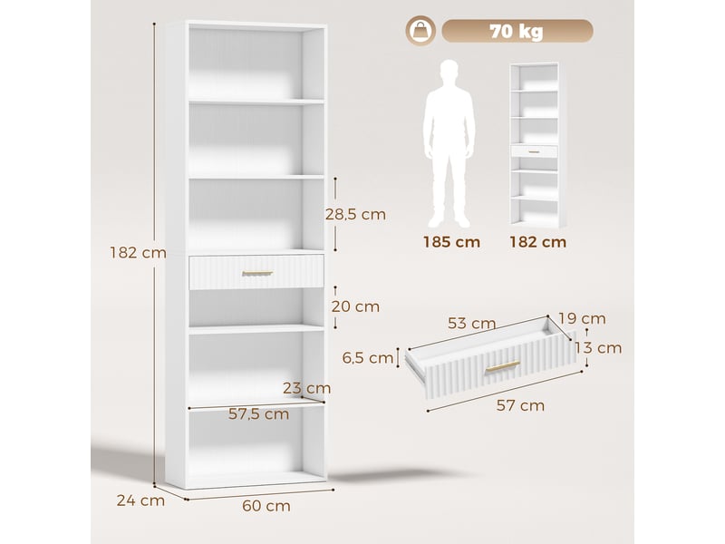  Bibliothèque 7 niveaux 6 compartiments 1 tiroir blanc 60 x 24 x 182 cm  - Conforama C