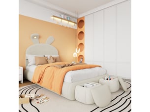 Lit capitonné, lit simple, oreilles de lapin avec bandes lumineuses à luminosité réglable et couleur chaude, avec deux tabourets de rangement, lit enfant à lattes en bois, velours, beige, 90 x 200 cm