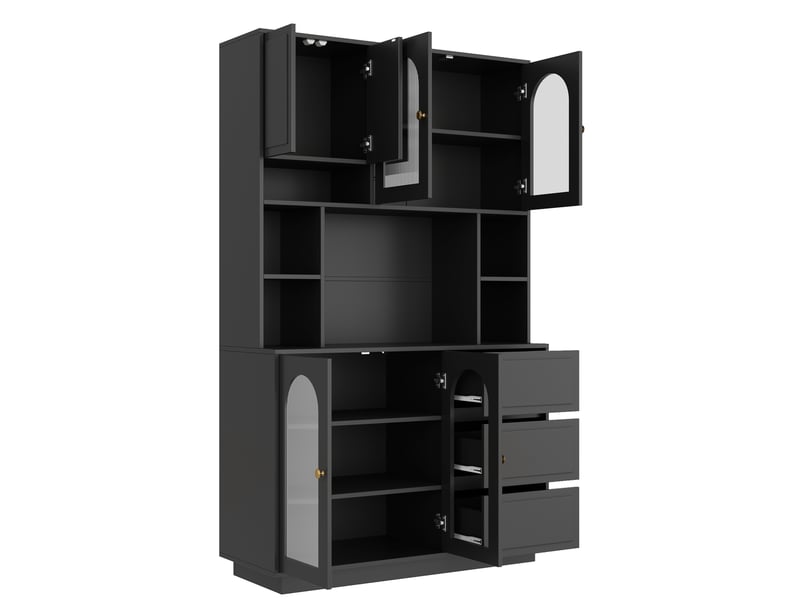  Buffet de cuisine haut avec 6 portes, 3 tiroirs et led pilotée par application en mdf noir pour salle à manger  - Conforama A