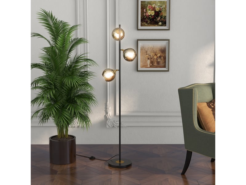  Lampadaire sur pied salon en métal avec 3 abat-jours globe métal chromé 40w ø 36 x 162h cm noir et gris  - Conforama D
