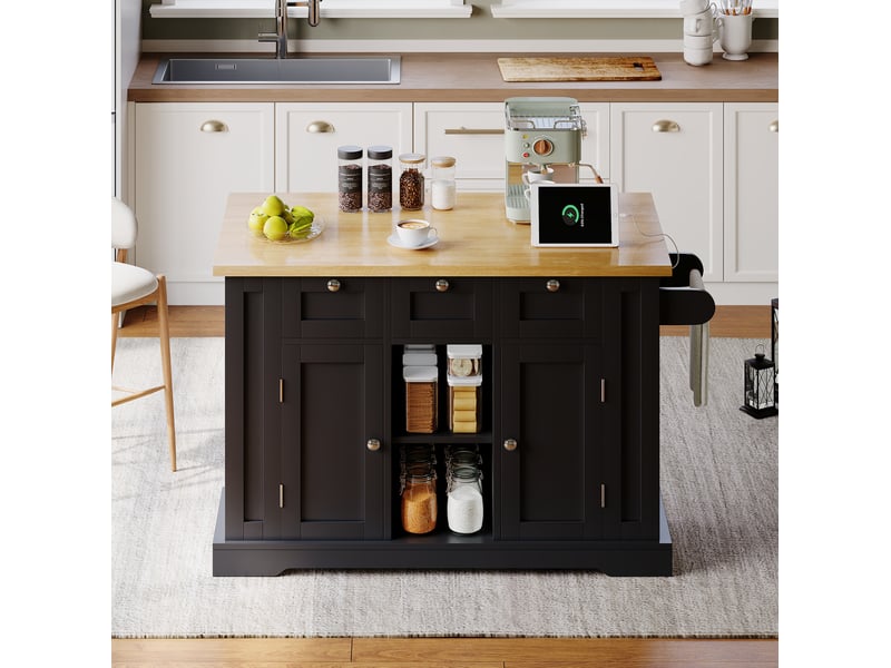  Desserte de cuisine 132 cm avec plateau rabattable, tiroirs, prise usb, naturel noir  - Conforama D