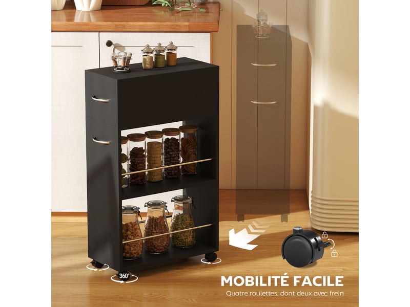  Chariot de cuisine desserte sur roulettes avec 1 tiroir et 2 étagères ouvertes pour salle à manger 25 x 50 x 85 cm noir  - Conforama R