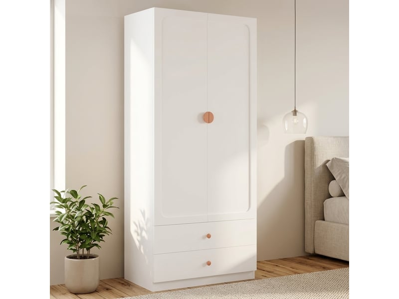  Armoire de chambre blanche avec 2 tiroirs et penderie, poignées en bois massif, 90x45x200 cm  - Conforama E