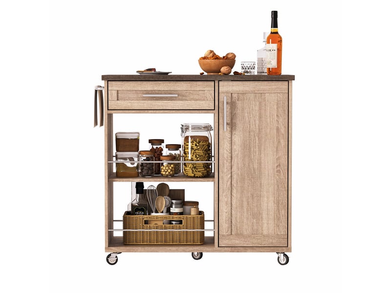  Chariot de cuisine à roulettes îlot de cuisine mobile avec tiroir et étagères 90x62x90 cm chêne sonoma  - Conforama R